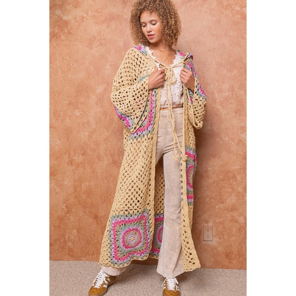 POL Tan & Lavender Crochet Granny Square Chenille Long Cardigan Relaxed Fit - Picture 10 of 13